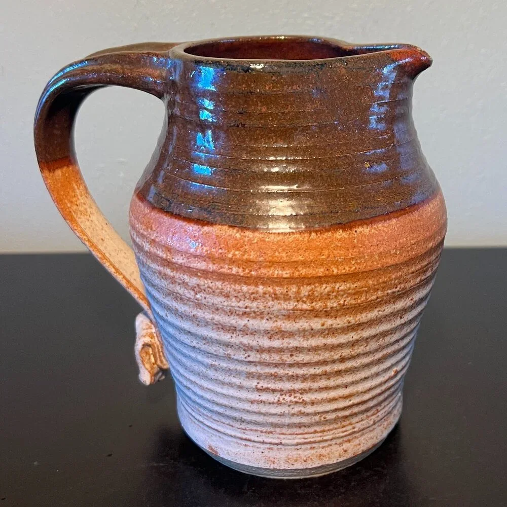Handcrafted Hand Thrown Studio Clay Pottery  Rounded & Ribbed Water Pitcher - Picture 4 of 16